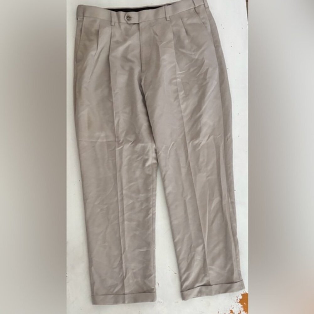 Perry Ellis 38x32 Mens Cuffed Beige Summer Pleated Front Pants
